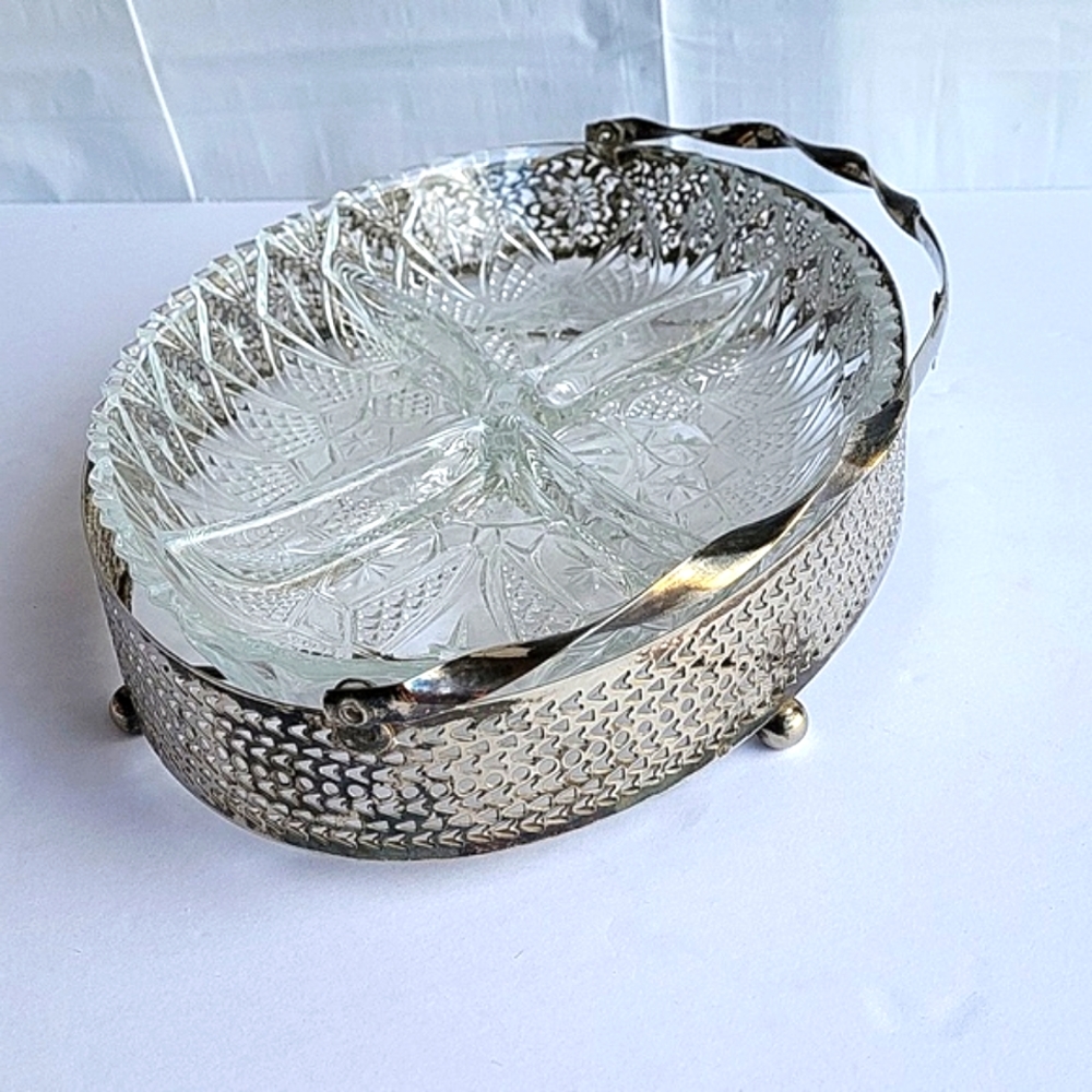 Vintage Relish dish in silver plate carrier